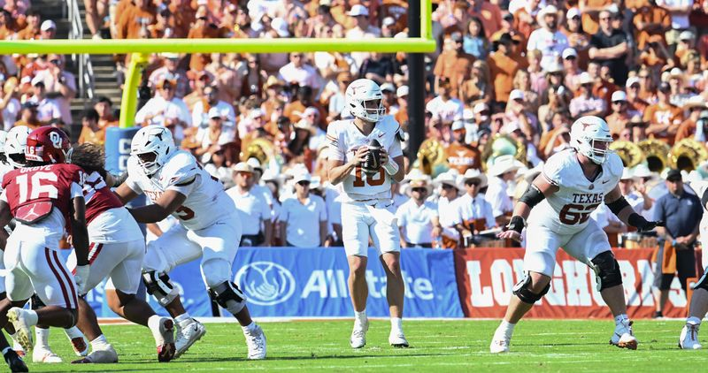 EvanVieth's tweet photo. Arch Manning on throws between the numbers against Oklahoma:

14/16 (83%)
217 yards (13.6 YPA)
3 TD, 0 INT

Manning outside the numbers:

5/11 (45%)
43 yards (3.9 YPA)
0 TD, 2 INT https://t.co/ENHJ5AItoN