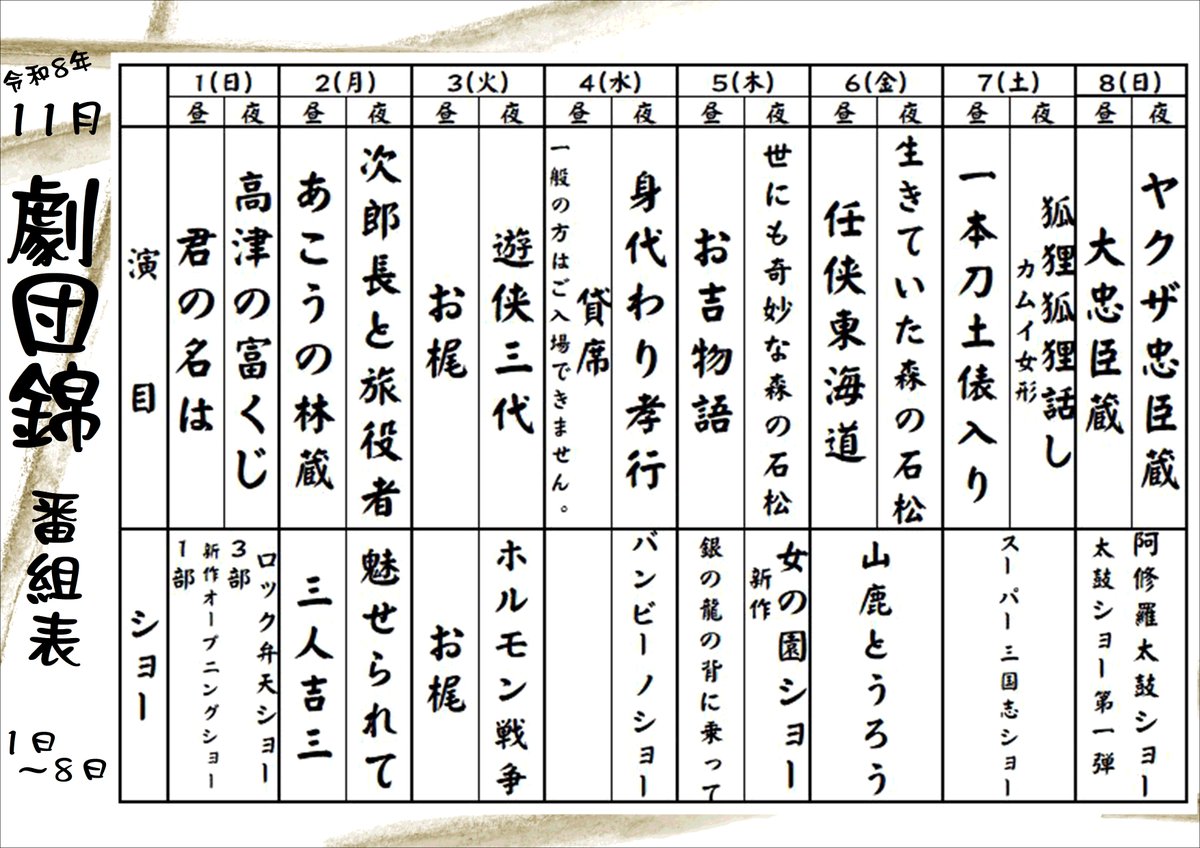 shinoharaengeki's tweet photo. \\✴️11月公演　劇団錦✴️//

📢1日～8日までの演目になります。

#篠原演芸場
#劇団錦 https://t.co/Ts3dkymZMU