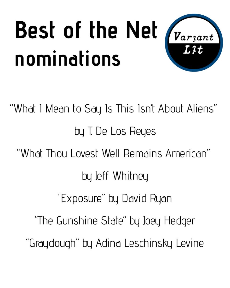 VariantLit's tweet photo. Congrats to our BotN Nominees! 

- “Jane Goodall’s Hologram Comforts Tapioca, Earth’s Last Remaining Chimpanzee” by Jared Beloff
- “Ley Lines” by Nick Daoust
- “The Naming” by Sara Hovda
- “Octopus Years” by Jason Zhang

(1/2) https://t.co/oFjlYMBHPZ