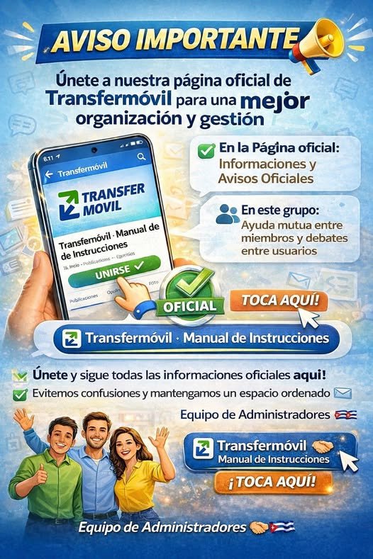 GlezRomero86's tweet photo. Te invitamos a unirte a la Pàgina de Transfermovil para mejorar y agilizar tu organización y gestión personal. Ver Manual de Instrucciones.  #Mayabeque #SirviendoYCreandoValor
#EtecsaConCuba https://t.co/V6WTblg0T5