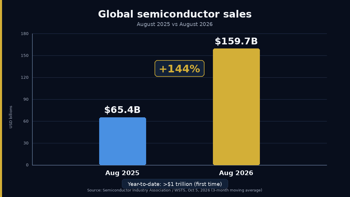SIRENutf6's tweet photo. $159.7B: global chip sales in August 2026, up 144% from $65.4B a year earlier, per the Semiconductor Industry Association. Sales through August already passed $1 trillion, a first, and SIA projects more than $1.6T for the full year. The Americas led, up 181%. https://t.co/464GLdtdnR