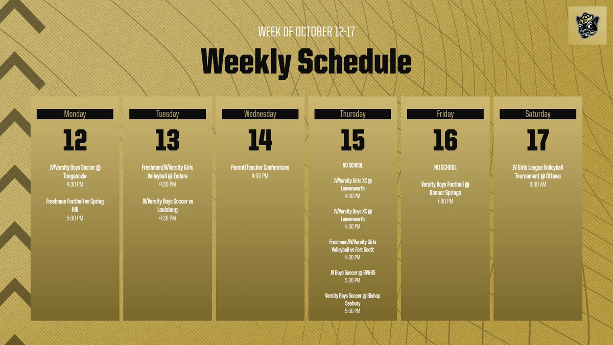 paolahighschool's tweet photo. **Updated graphic to reflect Freshman Football vs Spring Hill on Monday 10/12**

Here is what's going on this week at Paola High School!  #GoPanthers! https://t.co/RSjCC9VdKb