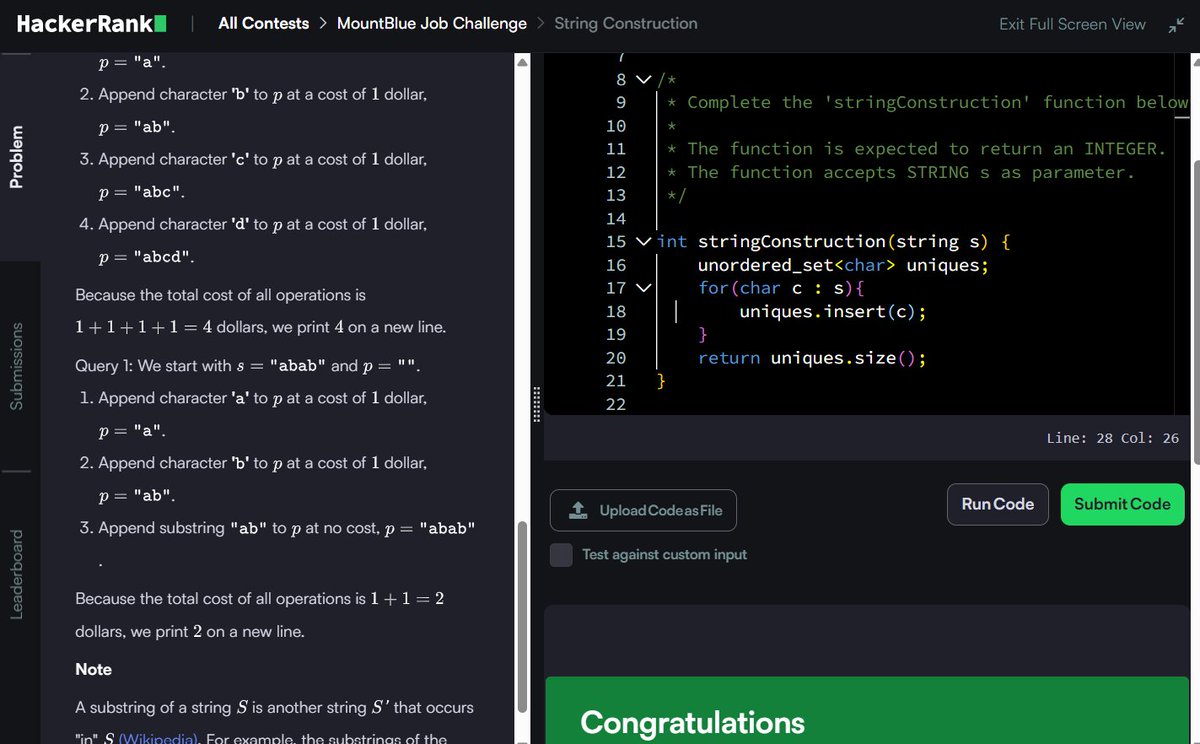 Muskanm_1227's tweet photo. Day 155/200 #200DaysOfCode | Daily DSA Practice Part 1 ⚡

1. String Construction: O(N) TC | O(N) SC
2. Find Digits: O(log N) TC | O(1) SC
3. Palindrome Index: O(N) TC | O(1) SC
4. Lisa's Workbook: O(N * P) TC | O(1) SC

#DSA #HackerRank #Cpp #Coding #MountBlue #Assessment https://t.co/QZoIb0Ppn5