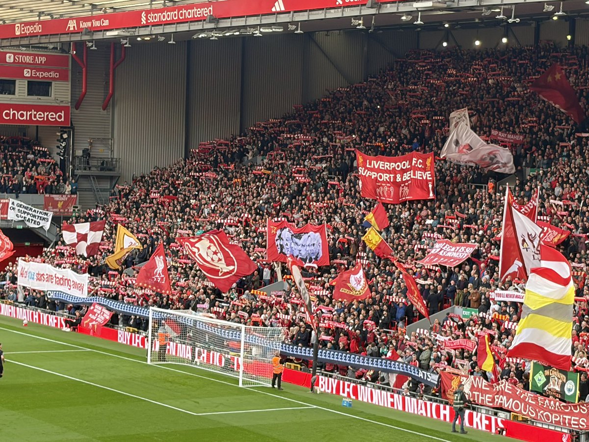 JamesPearceLFC's tweet photo. Now a banner has been unfurled running half the width of the Kop with a lot of pound signs in the middle of the word ‘cheats’. https://t.co/hnrCafQNIu