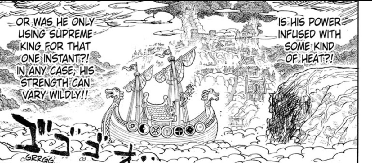 Barca_Wizard's tweet photo. #ONEPIECE1195 

Zoro's casual release of his fully realized COC cracked the Giants ship..! 

Fan scans can be bad so I needed the Viz scans before I draw my conclusion.

The Ship's damage progression is clear; No damage, slight crack after 1080 Pound canon and more cracks after https://t.co/WODRGIAVVb