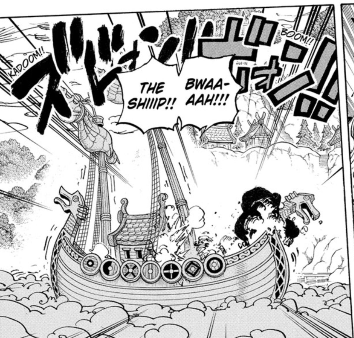 Barca_Wizard's tweet photo. #ONEPIECE1195 

Zoro's casual release of his fully realized COC cracked the Giants ship..! 

Fan scans can be bad so I needed the Viz scans before I draw my conclusion.

The Ship's damage progression is clear; No damage, slight crack after 1080 Pound canon and more cracks after https://t.co/WODRGIAVVb