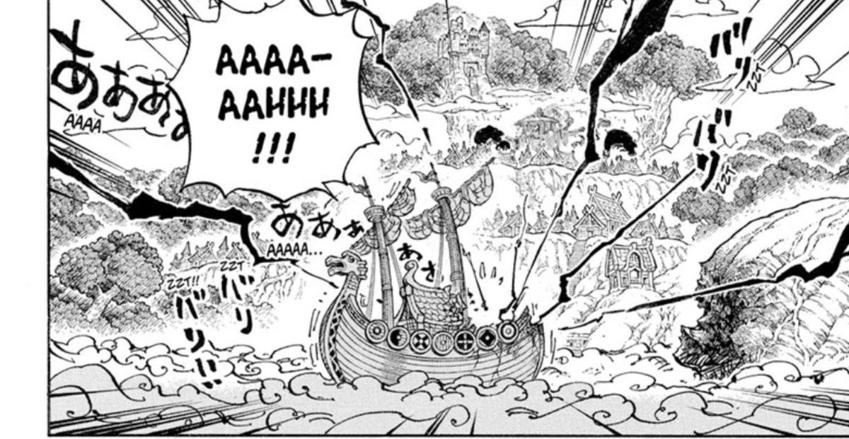 Barca_Wizard's tweet photo. #ONEPIECE1195 

Zoro's casual release of his fully realized COC cracked the Giants ship..! 

Fan scans can be bad so I needed the Viz scans before I draw my conclusion.

The Ship's damage progression is clear; No damage, slight crack after 1080 Pound canon and more cracks after https://t.co/WODRGIAVVb