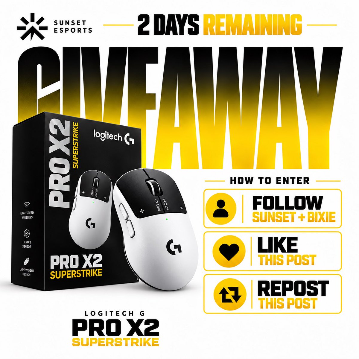 BixieFn's tweet photo. 2 DAYS LEFT! ⏳

Enter our Logitech G PRO X2 SUPERSTRIKE giveaway! 🖱️☀️

Follow, like &amp; repost to enter ✌️

🎁 Entries close in 2 days. Winner announced afterward!

Good luck! ☀️
#logitech #superstrike #giveaway #esports https://t.co/tZvNr3NRg3