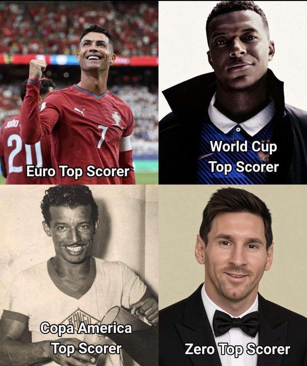 Grandsoncr7's tweet photo. Lionel Messi is the top scorer in zero international tournaments, yet his fans still think he’s the GOAT. Lmao. 😭😂 https://t.co/NlJrgyJbk0