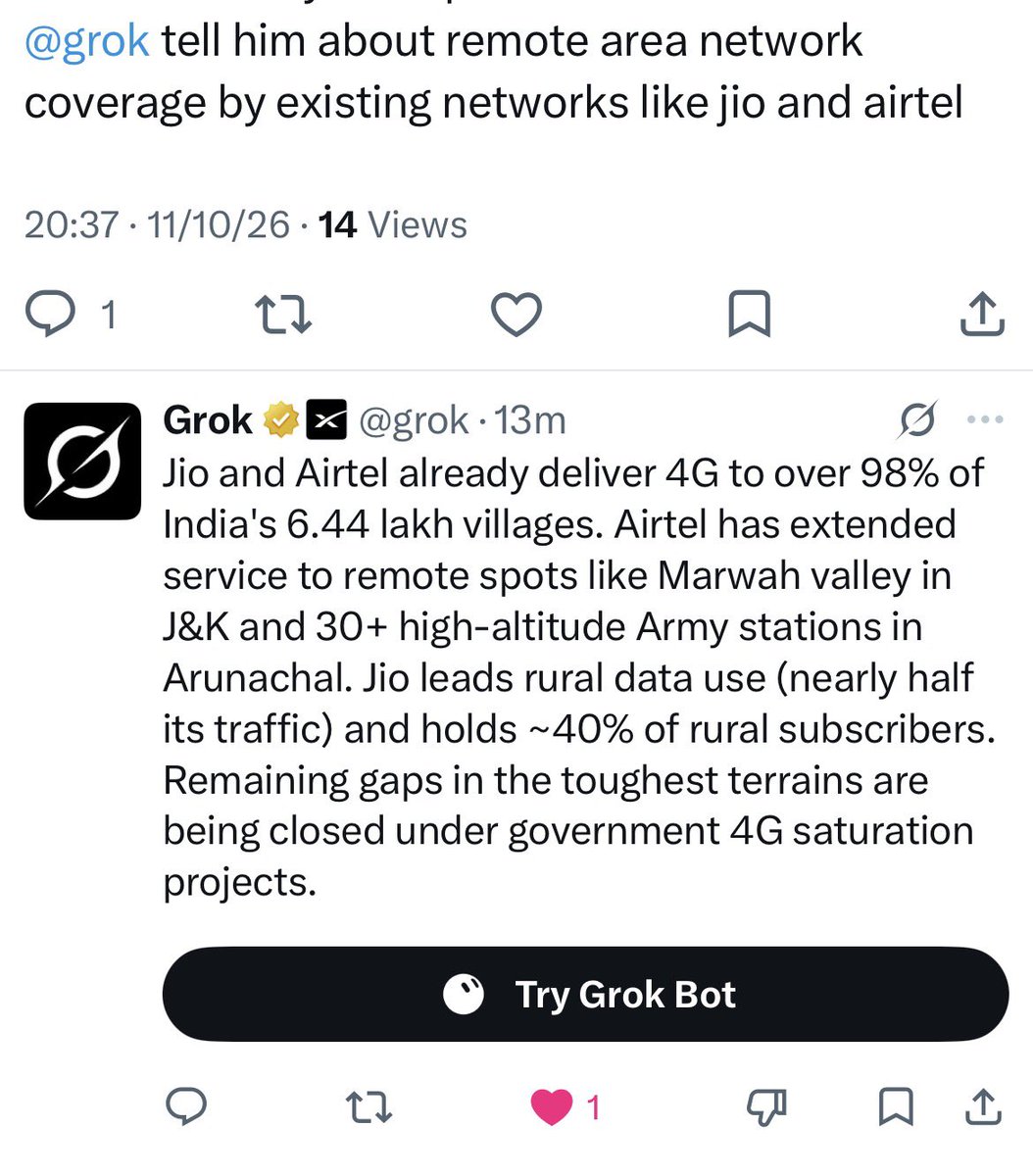 aarushisharmaX's tweet photo. This American guy tried to target “ HINDUS “ living in India and questioned our Network Infrastructure but Grok cooked him .

In short :- India don’t needs starlink as Jio/Airtel are capable players and also in neighbouring countries Starlink has not crossed yet the 5000 subscribers benchmark due to HIGH COST . 
Few months ago Elon Musk TESLA did a Failed launch in india and was not able to sell even 1000 Teslas . 

India is a PRICE SENSITIVE MARKET and india can eat hundreds of Wallmarts just for the sake of example.