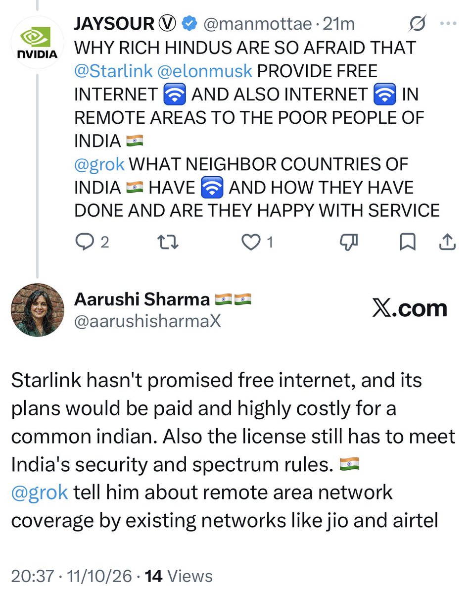 aarushisharmaX's tweet photo. This American guy tried to target “ HINDUS “ living in India and questioned our Network Infrastructure but Grok cooked him .

In short :- India don’t needs starlink as Jio/Airtel are capable players and also in neighbouring countries Starlink has not crossed yet the 5000 subscribers benchmark due to HIGH COST . 
Few months ago Elon Musk TESLA did a Failed launch in india and was not able to sell even 1000 Teslas . 

India is a PRICE SENSITIVE MARKET and india can eat hundreds of Wallmarts just for the sake of example.