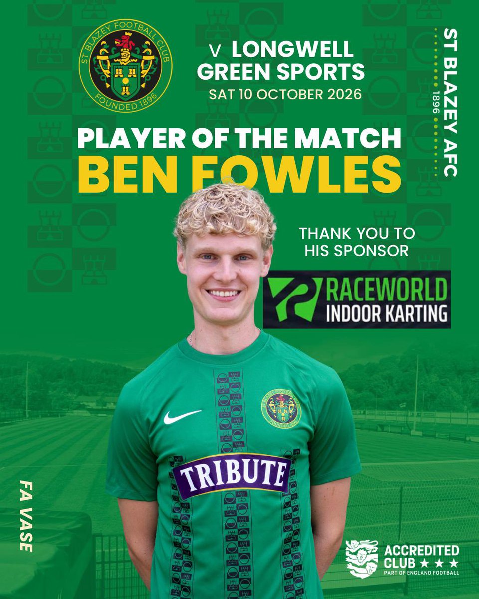 StBlazeyAFC's tweet photo. MOTM - 🍾 

Yesterdays award goes to Ben Fowles for a superb performance in midfield. His energy and tenacity was constant throughout to enjoy our progress to the next round.

Ben is sponsored by Raceworld and we thank them for their support this season.

#WeAreBlazey

💚🖤 https://t.co/wEfoUgceoB