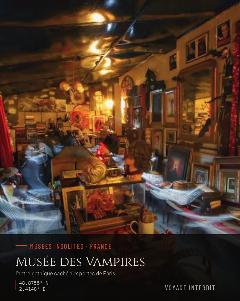 VoyageInterdit's tweet photo. 🦇 Aucune enseigne, un portail noir et rouge sang au bout d’une allée de gravier, et derrière : un kit anti-vampire du XIXe siècle, un chat momifié et une bibliothèque unique au monde.

Aux Lilas, aux portes de Paris, le musée des Vampires et Monstres de l’Imaginaire est l’œuvre d’une vie : celle de Jacques Sirgent, universitaire, traducteur du Dracula de Bram Stoker et « vampirologue ». Depuis 2005, il a transformé son pavillon en cabinet de curiosités : crânes, arbalète, masques, grimoires, affiches de cinéma, et même une reconstitution de la ruelle de Whitechapel où sévissait Jack l’Éventreur.

Ici, pas de déambulation libre : on est reçu par le maître des lieux pour une visite-conférence d’environ deux heures, sur réservation uniquement. Son but n’est pas de faire peur, mais d’expliquer pourquoi l’humanité a toujours inventé des créatures qui reviennent d’entre les morts.

Oseriez-vous franchir ce portail ? 👇

📍 Musée des Vampires et Monstres de l’Imaginaire, 14 rue Jules David, Les Lilas, France

🔗 Récit complet sur https://t.co/X5hCWmcIG2 (lien en bio)

#MvéeDesVampires #MuséeDesVampires #LesLilas #ParisInsolite #Vampire #Dracula #CabinetDeCuriosités #DarkTourism #TourismeDeMémoire #VoyageInterdit #Gothique #JacquesSirgent #MuséeInsolite #ParisSecret #LieuxInsolites #ÎleDeFrance #FantastiqueEtGothique #Vampirologie #ParisMystérieux #MuséesDeParis