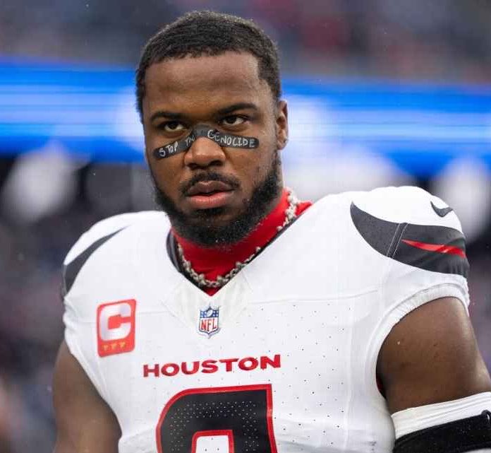 JimmyJ4thewin's tweet photo. 🚨 JUST IN: Houston Texans LB Azeez Al-Shaair will honor Amal Abu Khater with his eye black today. 

Israel fatally shot the 10-year-old in the back while she was eating lunch in her family’s tent in Gaza. https://t.co/EcaK34IoXd