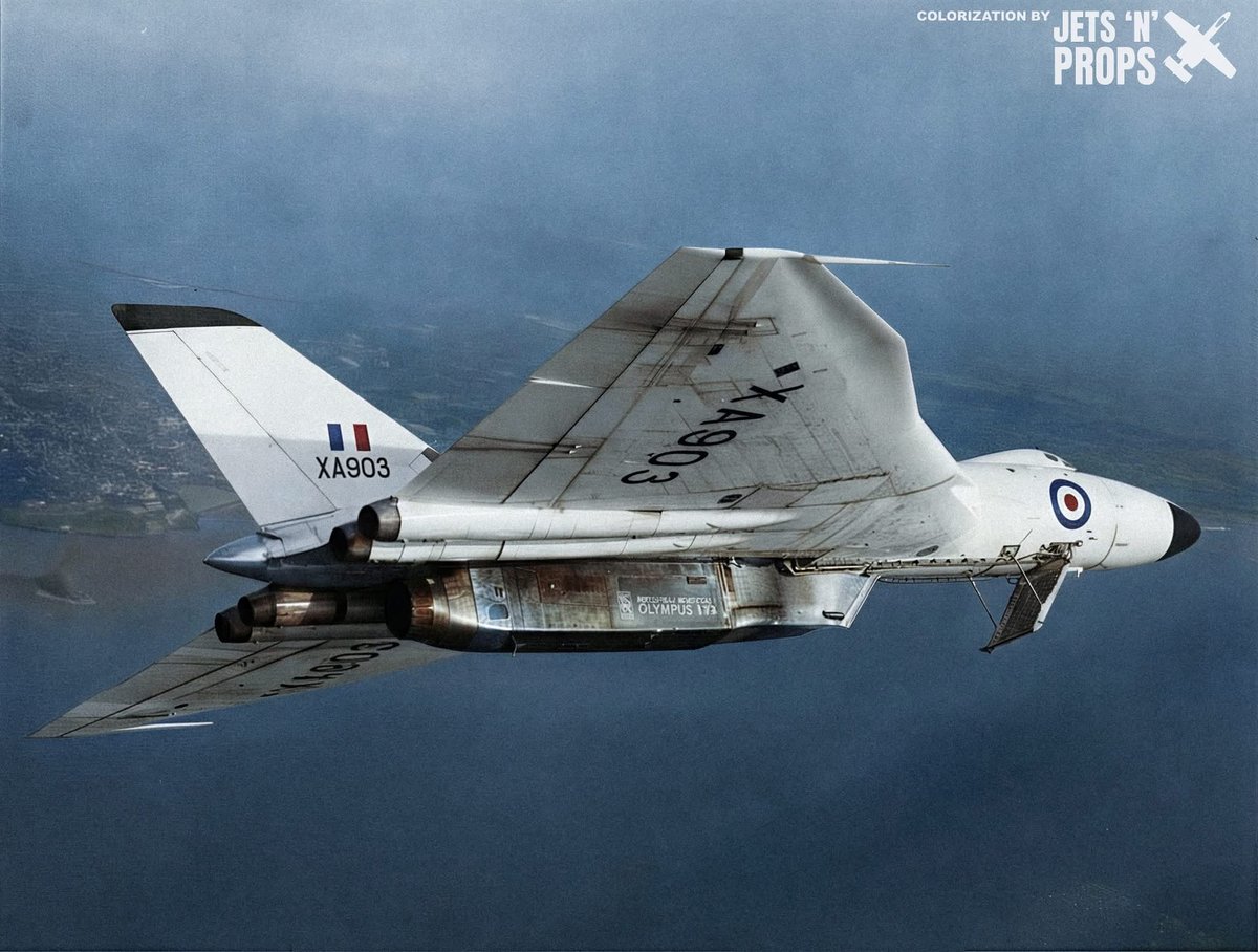 CcibChris's tweet photo. The most famous Vulcan Olympus test bed. A complete Olympus 593 engine and its associated intake and exhaust installation were carried beneath fuselage. Testing continued until June 1971, helping develop Concorde's afterburning engine. XA903 later tested Tornado's RB199 engine. https://t.co/tYBJmu9Y4E