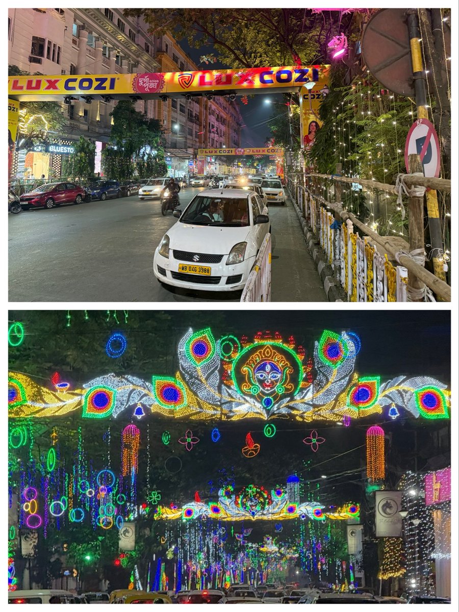 reindeerdodo89's tweet photo. Top half- 2026 light work.

Lower half- 2025 light work

Both photos are of Park Street.  

The lower half shows Chandannagar style lighting work which is unique to Bengal only. This is intentionally done to deny us our own cultural legacy. https://t.co/pqiBsmAXgo