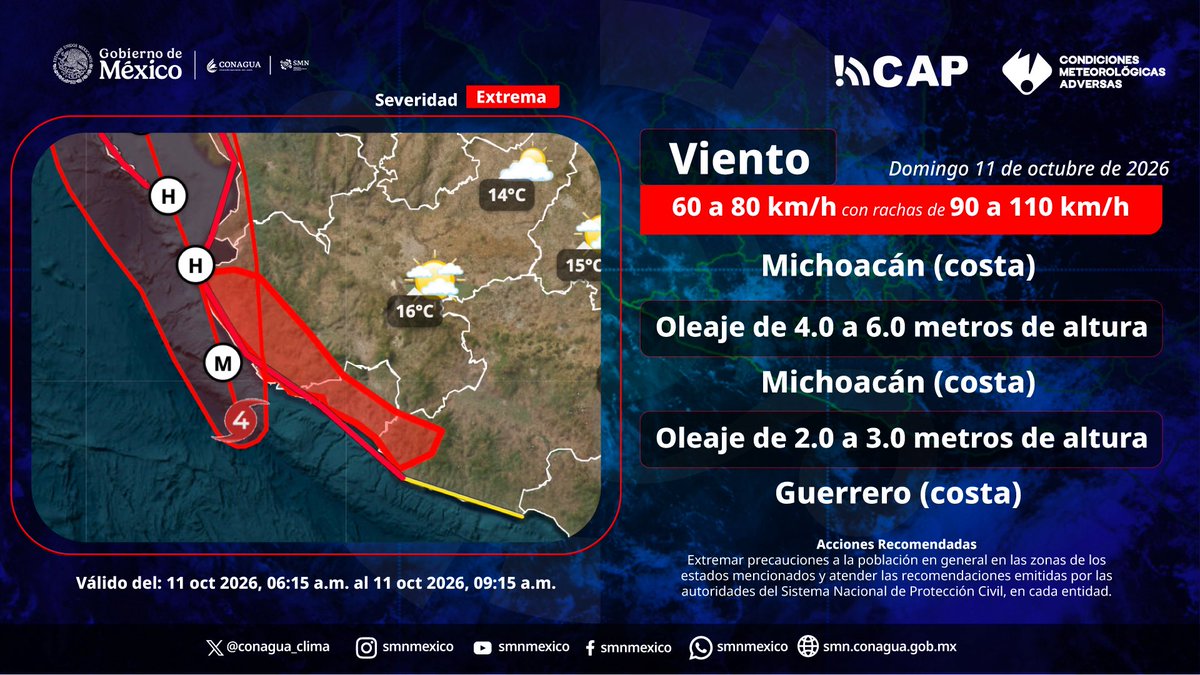 Random_TotalMx's tweet photo. 🔵⚠️ El huracán Simón continúa en categoría 4 frente a las costas de Jalisco y Colima, con pronósticos de vientos de hasta 140 km/h y rachas de 180 km/h. También se prevé oleaje de hasta nueve metros y una marea de tormenta de entre 1.5 y 2.5 metros.

En Michoacán, las olas podrían alcanzar los seis metros, mientras que en Guerrero se esperan alturas de entre dos y tres metros. Las autoridades recomiendan mantenerse atentos a los avisos oficiales y seguir las indicaciones de Protección Civil ante las condiciones meteorológicas.