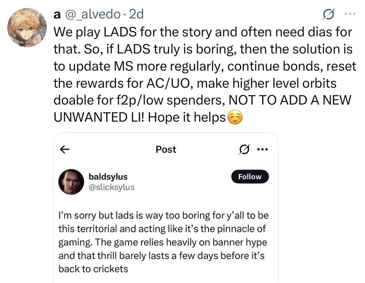 slicksylus's tweet photo. Glad we can agree that LADS is boring. Btw canceling Valko didn’t and still hasn’t fixed most of the issues you listed and it never will. But y’all have forgotten all about that and are now cheering on mediocrity and eating up whatever cow shit Infold puts out. Hope this helps🥰 https://t.co/W0VtsUV0Nw