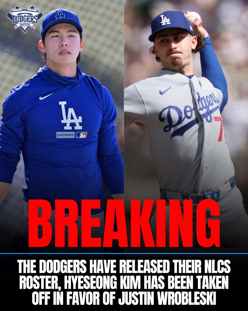 DodgersNation's tweet photo. BREAKING: The Dodgers have released their NLCS roster and Hyeseong Kim has been taken off in favor of Justin Wrobleski 🚨

LA is carrying a perfect split of 13 position players and 13 pitchers.

Smart move? https://t.co/hwrVQz92GF