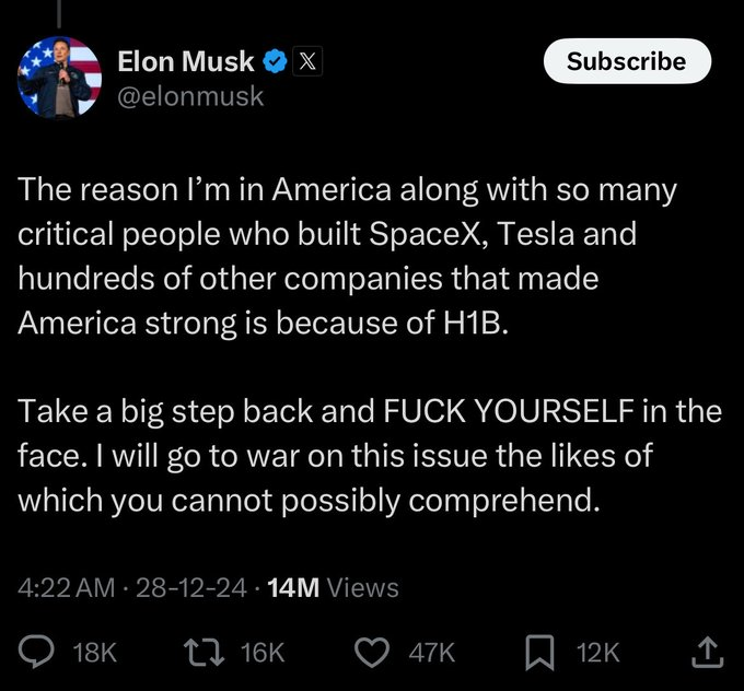 SunOfGabriel's tweet photo. @Isaac2Ajavon @SomeGuy40085367 @OldInternetFeel Did you not see his crashout over h1b visas? He wants a bunch of cheap labor from the third world, even called white men too stupid to train for these jobs. Then he deleted those posts when he realized the tech-rights dependency on foreigners is unanimously hated by everyone else https://t.co/keSxI5njgY