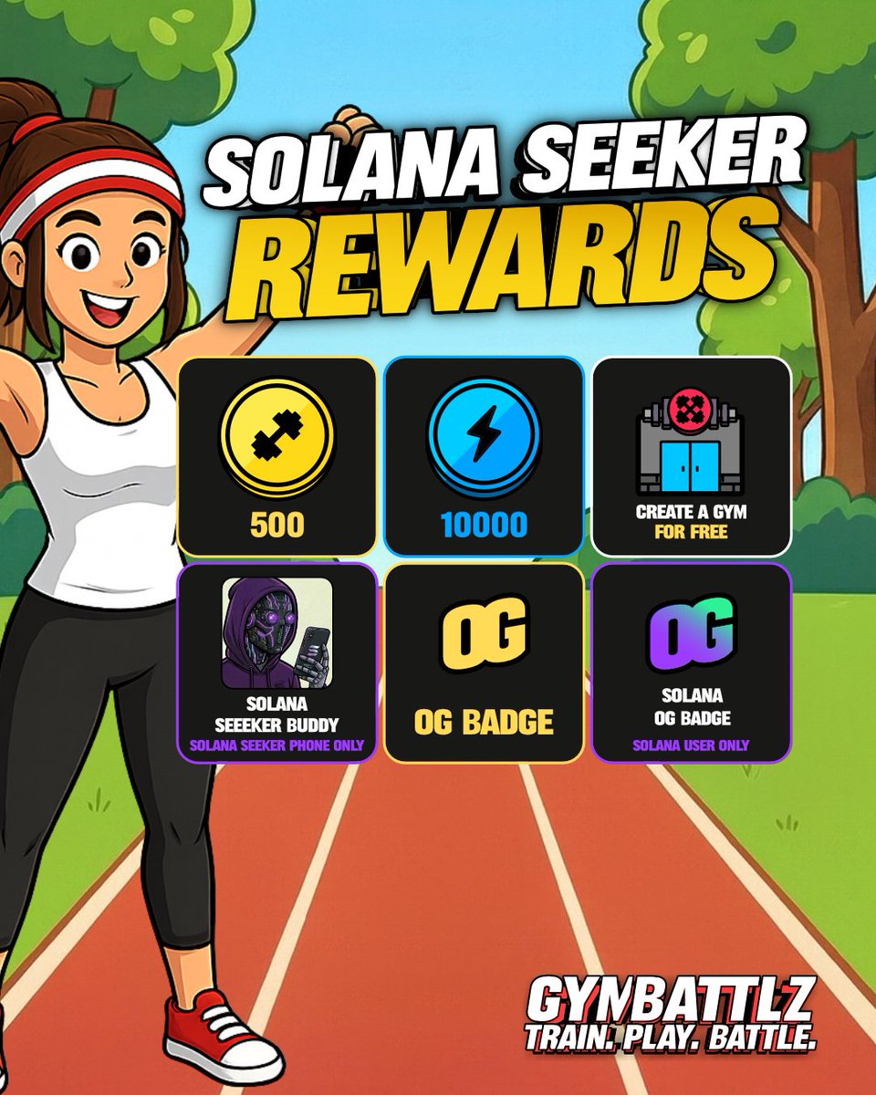 gymbattlz's tweet photo. Seeker users, unlock your GYMBATTLZ rewards 💪🔥!

GYMPOINTS, GYMENERGY, OG badges & free gym creation. 

Plus an exclusive Seeker Buddy collecting GymPoints while you’re AFK 🤖! 

Download GYMBATTLZ on the @solanamobile dApp Store!

#GYMBATTLZ #solana #rewards solana:SKRbvo6Gf7GondiT3BbTfuRDPqLWei4j2Qy2NPGZhW3