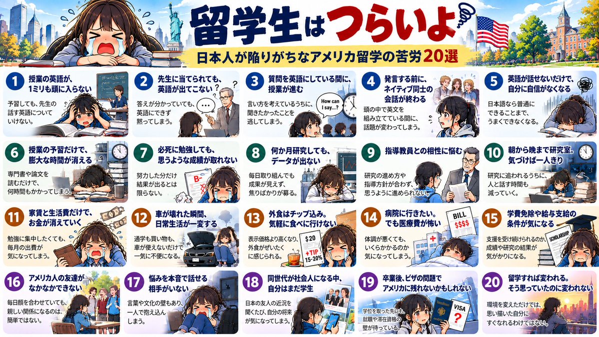 HiroIsAHero's tweet photo. アメリカ留学って、なぜかキラキラして見える。
ハリウッド映画や海外ドラマのイメージ。
でも、現実は違った。
誰にも言えずに、
1人で部屋で涙を流すことも。
教科書には載っていない、
留学生のリアルな苦労20選。↓
https://t.co/CaYfrJxz86 https://t.co/WySZ09qRs4