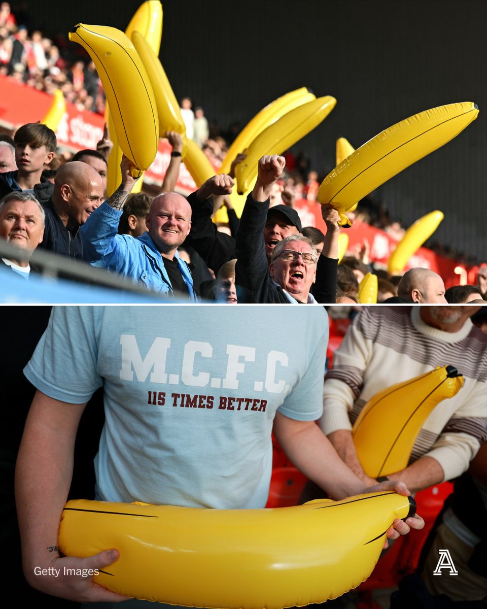 TheAthleticFC's tweet photo. Manchester City supporters have been able to sneak their inflatable bananas into the away end at Anfield this afternoon.

It has been a trend at City since the 1987-88 season when they had been relegated to the second tier.

They had a striker called Imre Varadi, who was called Imre Banana by one fan. That led another fan to bring an inflatable banana with him to the next game and it was a trend that stuck throughout the rest of the 80s and the 90s.

The travelling City fans are clearly trying to have a bit of fun in the face of discussion about a potential relegation back to the second tier, or lower.

🔗 https://t.co/ES569iXPvc