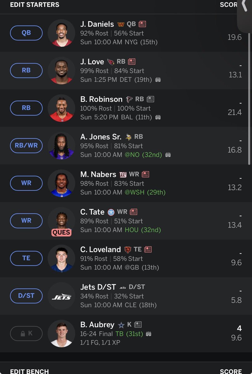 Jimobslice626's tweet photo. @NFL_Tstrack @TheFFSanctuary Plug in Jeanty ? He’s on the bench https://t.co/ZZ0Iyb0tLd