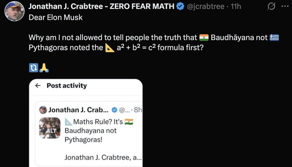 aravind's tweet photo. Dear Jonathan, 

Elon has been brutally ratioed and schooled by Indians over the last few days. He's recovering. He's busy allowing anti-India racism and hate on X. This Baudhayana predating a legendary Pythogoras can't be allowed now, unfortunately.

X

https://t.co/IbkWbXUOTc https://t.co/ykbqL5voqN