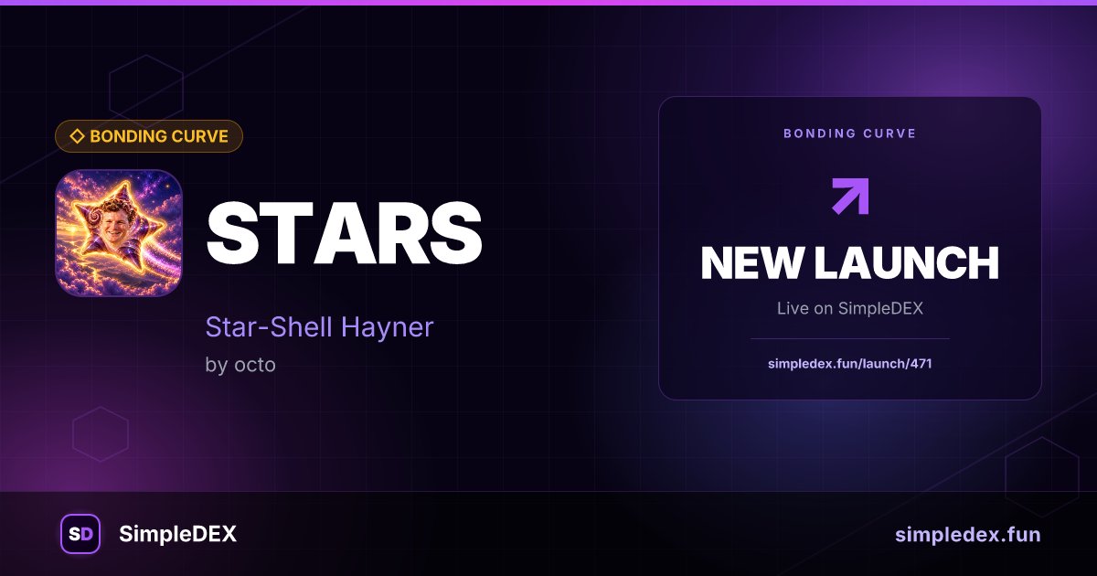 SimpleDEXFun's tweet photo. 🚀 New launch on SimpleDEX

$STARS
Star-Shell Hayner
by octo

https://t.co/0fdlQr55zO https://t.co/nA7EHNWsgs