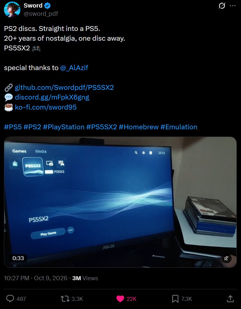 real_klea's tweet photo. Let me explain why this narrative is huge.

Sony spent years grifting, saying PS2/3 games couldn’t run on PS5 because the tech was too complicated. 

They lied to keep selling remasters and subscriptions instead of letting gamers play the discs they already own.

Sword used Grok to build PS5SX2 and gave gamers what they’d wanted from Sony for years: a way to play their own games on PS5.

He’s project is giga viral. Millions of views, big gaming accounts covering it on X, YT and TT. 

Everyone is talking because it’s exposed how greedy these corporations are.

We’re fully supporting him so he can keep building and maintaining PS5SX2.

https://t.co/veTqx3vVnc