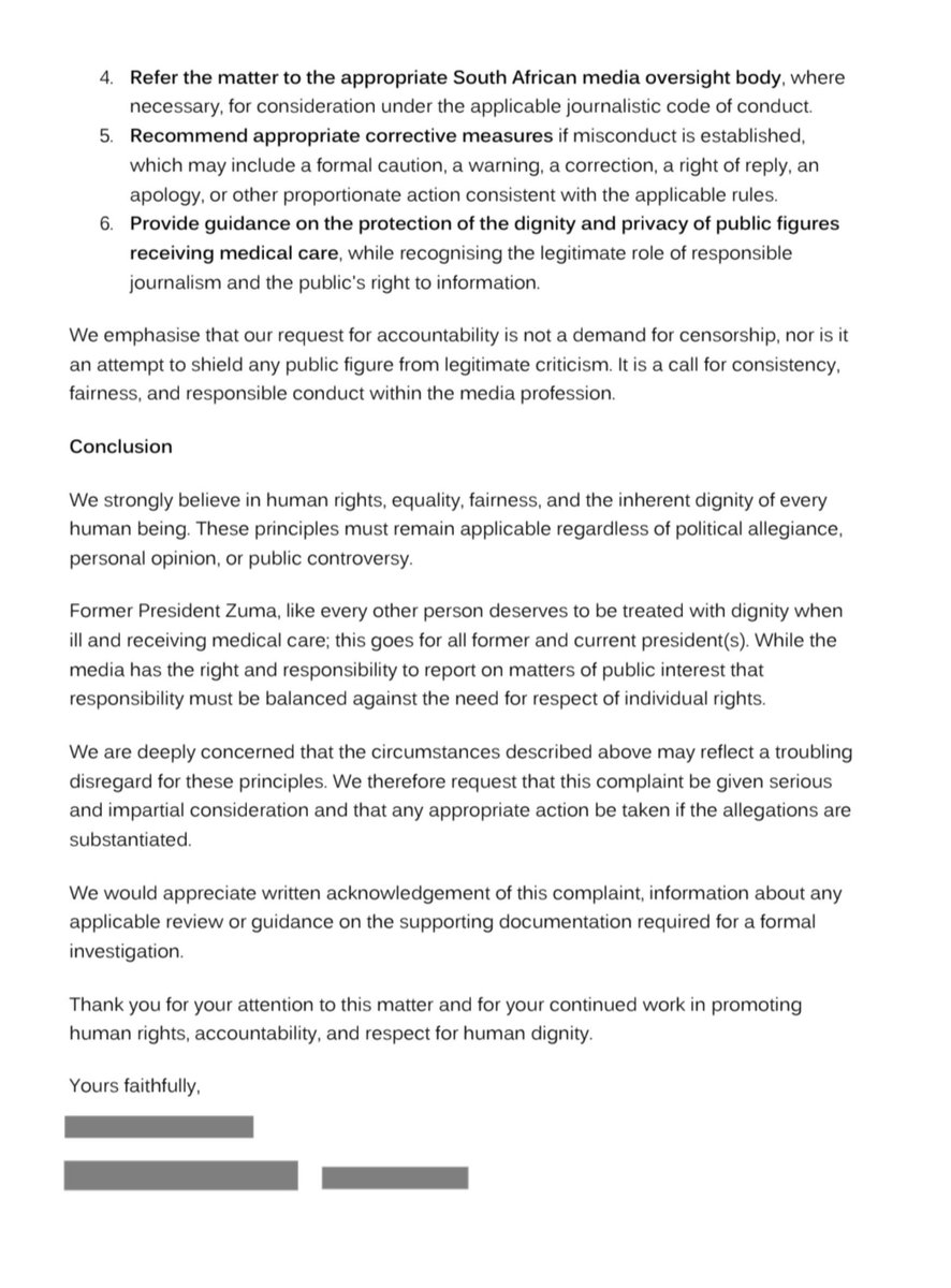 _AfricanSoil's tweet photo. 📄 𝗟𝗘𝗧𝗧𝗘𝗥 | Formal complaint on Newzroom Afrika's news reporter, 𝗫𝗼𝗹𝗶 𝗠𝗻𝗴𝗮𝗺𝗯𝗶.

Here is the complaint wrt Xoli Mngambi's inhumane conduct and insensitivity pertaining to President Zuma's health status. 

If you need to send the letter to other human rights organizations and media ombudsman/council, you're welcome to use it.