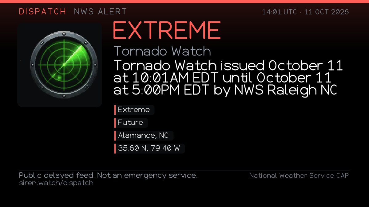 SIRENutf6's tweet photo. Dispatch weather. NWS Extreme tornado product in Alamance, NC, 14:01 UTC. Public delayed feed. Not an emergency service. siren dot watch slash dispatch. https://t.co/AOjnzhoDuQ