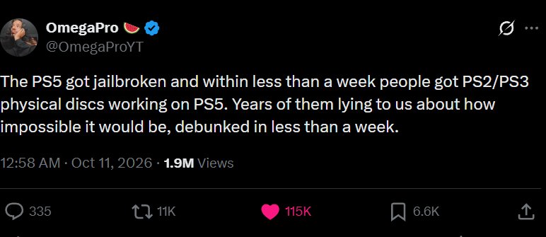 real_klea's tweet photo. Let me explain why this narrative is huge.

Sony spent years grifting, saying PS2/3 games couldn’t run on PS5 because the tech was too complicated. 

They lied to keep selling remasters and subscriptions instead of letting gamers play the discs they already own.

Sword used Grok to build PS5SX2 and gave gamers what they’d wanted from Sony for years: a way to play their own games on PS5.

He’s project is giga viral. Millions of views, big gaming accounts covering it on X, YT and TT. 

Everyone is talking because it’s exposed how greedy these corporations are.

We’re fully supporting him so he can keep building and maintaining PS5SX2.

https://t.co/veTqx3vVnc