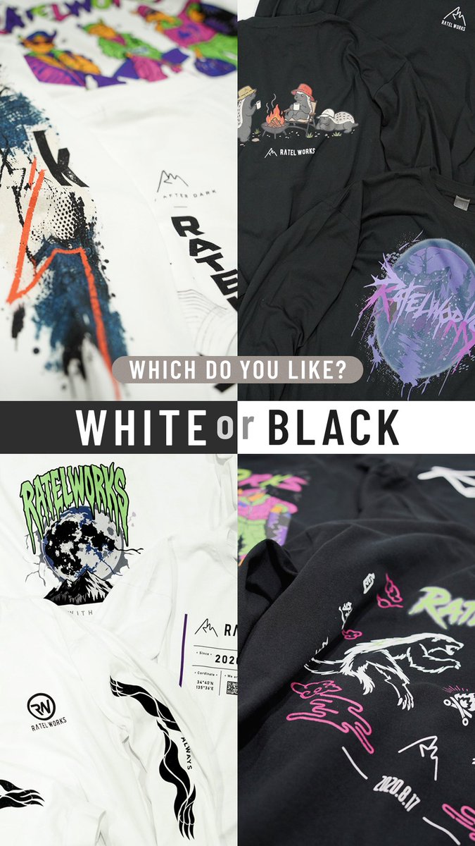 RatelWorks's tweet photo. あなたは白派？黒派？⚪️⚫️
【販売は10/16（金）23:59まで！】 RATELWORKSのロンT、全15デザインを期間限定で販売中！
気になる一着がある方は、締切までにご注文を。 「あのとき買っておけば…」となる前に！
楽天市場・Yahoo!ショッピングでチェック。
#RATELWORKS #ロンT #期間限定

https://t.co/4Z8u7k8EnU