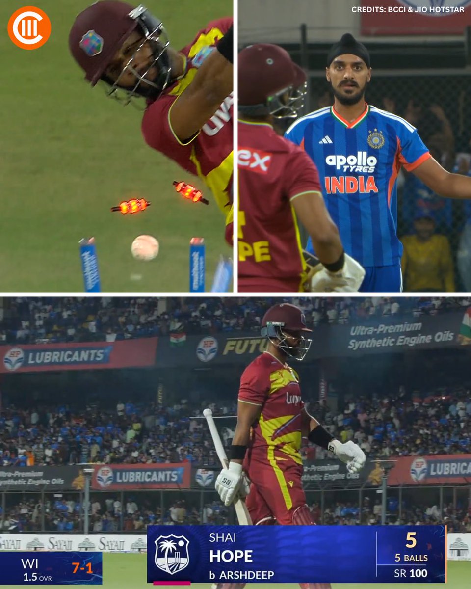 crickrate's tweet photo. Shai Hope is bowled by Arshdeep Singh! 🎯🔥

West Indies lose their first wicket at 7/1! 🇮🇳🏏

#INDvWI #T20I #Crickrate https://t.co/fcoCnpGKQ5