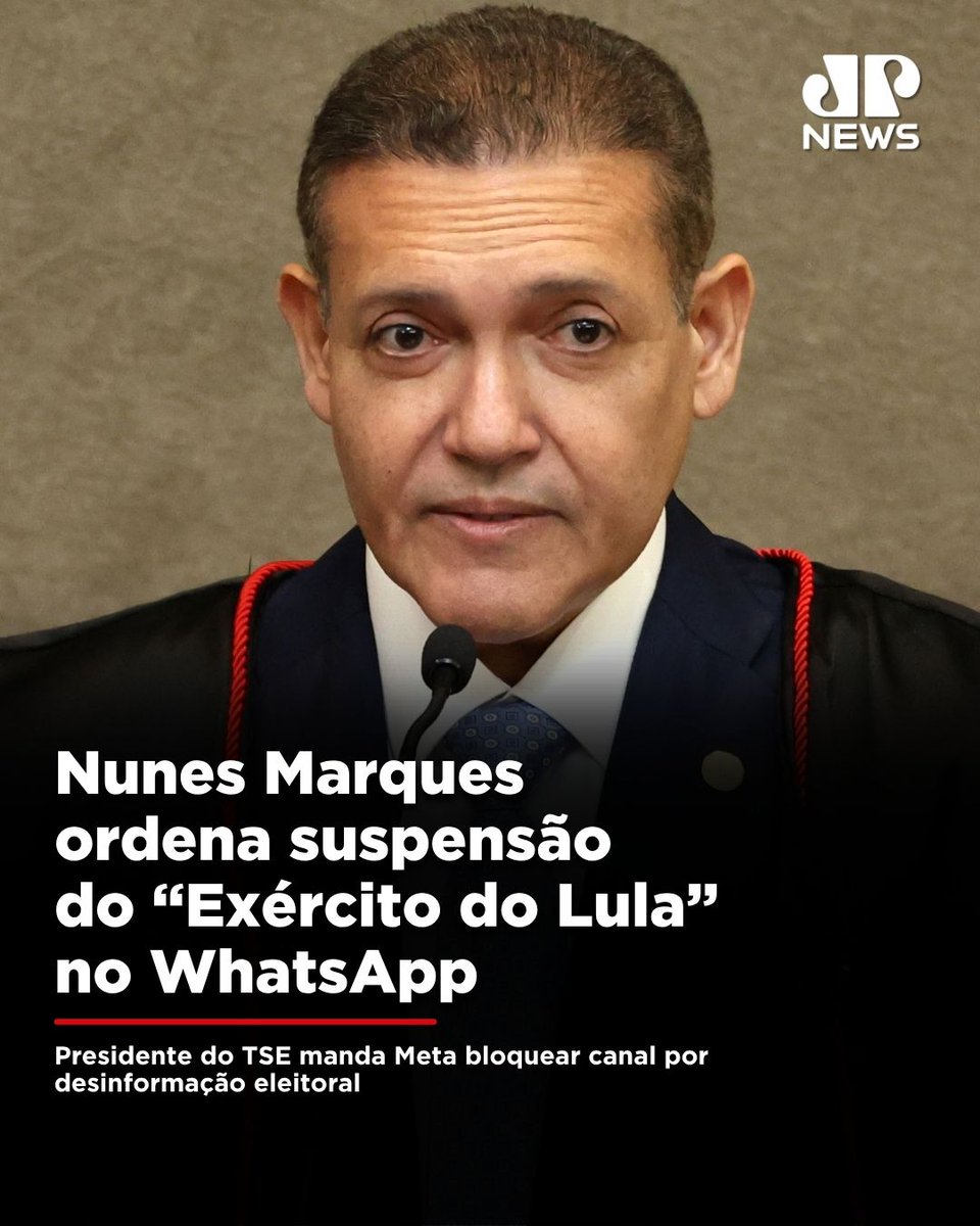JovemPanNews's tweet photo. O presidente do Tribunal Superior Eleitoral (TSE), ministro Nunes Marques, determinou a suspensão imediata do canal "Exército do Lula" no WhatsApp, administrado pelo deputado federal André Janones (Rede-MG). Atendendo a um pedido da campanha de Flávio Bolsonaro (PL), o magistrado deu prazo de três horas para a Meta bloquear o espaço de 3,2 milhões de inscritos por propagação coordenada de desinformação eleitoral. A decisão aponta o uso da ferramenta para impulsionar fake news, como a falsa associação de Flávio ao fim do título de padroeira do Brasil a Nossa Senhora Aparecida, e estabelece supervisão direta sobre a plataforma até o fim do segundo turno.

🔗 Leia a matéria completa em: https://t.co/5eLOkw2cls
📺 Confira na JP News

#JovemPanNews #Política #Eleições #Lula #Flávio
