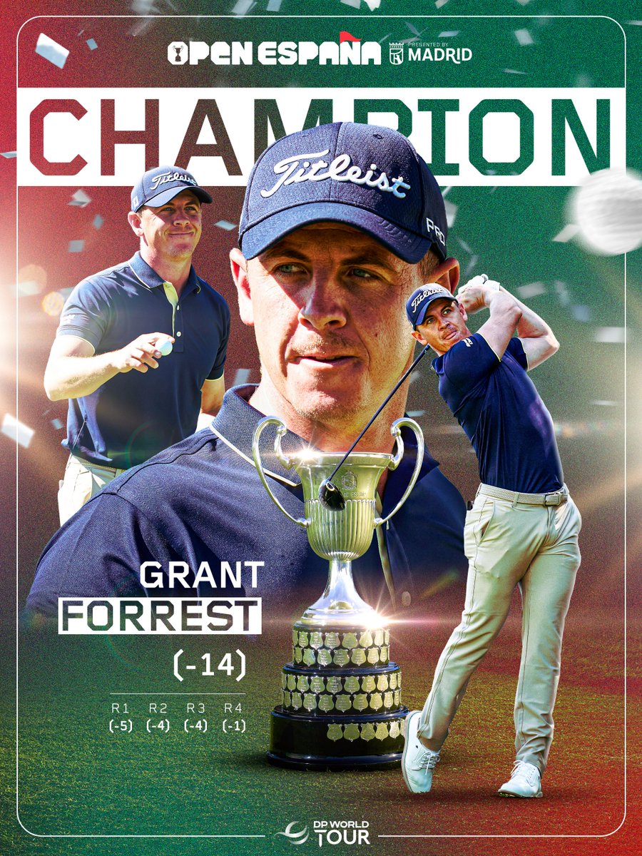OpendeEspana's tweet photo. 𝙰𝚗𝚍 𝚘𝚞𝚛 𝙲𝙷𝙰𝙼𝙿𝙸𝙾𝙽 𝚒𝚜... 🏆

🏴󠁧󠁢󠁳󠁣󠁴󠁿 @grantforrest93 takes the title at the 2026 Open de España presented by Madrid.

🔝The Scot posted -14 in the event's most exciting Sunday this decade, ahead of Eugenio Chacarra (-13) and Victor Perez (-13).

#OpenEspana https://t.co/PspiIR6YRO