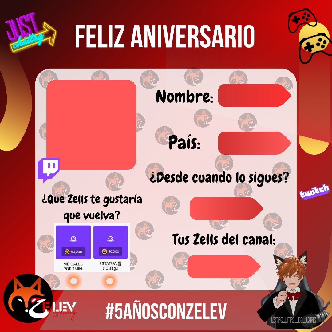 estrellitasde_C's tweet photo. Les traemos esta pequeña dinámica de integración por el aniversario #5 de Zelev en Twitch. 🎮✨
¡Que se haga presente el chatsito!
No olviden mencionarnos, @christophervele y usar el hashtag:

#5AñosConZelev 🦊🎮 https://t.co/YdienjG8u3