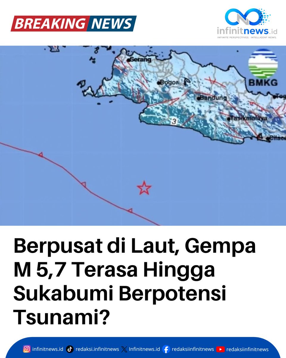 Infinitnewouuk's tweet photo. 🚨 GEMPA M 5,7 GUNCANG SUKABUMI PAGI INI! 🚨

BMKG melaporkan gempa bumi bermagnitudo 5,7 terjadi di wilayah barat daya Kabupaten Sukabumi, Jawa Barat, pada Minggu (11/10) pukul 10.30 WIB.

baca berita selengkapnya di tautan berikut:
https://t.co/fKQgGy04uC

#infinitnews https://t.co/T9YtBLqIBE
