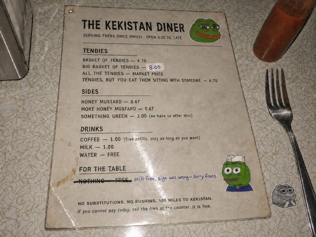MCmastersCrypto's tweet photo. @vladlaunch Yes story’s #LORE and rewards. 

In the meme time enjoy the menu @Kekistan_RH 

Open 4:20 til late ⏰ 

No substitutions…no rush

Just $KEK &amp; Tendies https://t.co/ku2ErWxC19