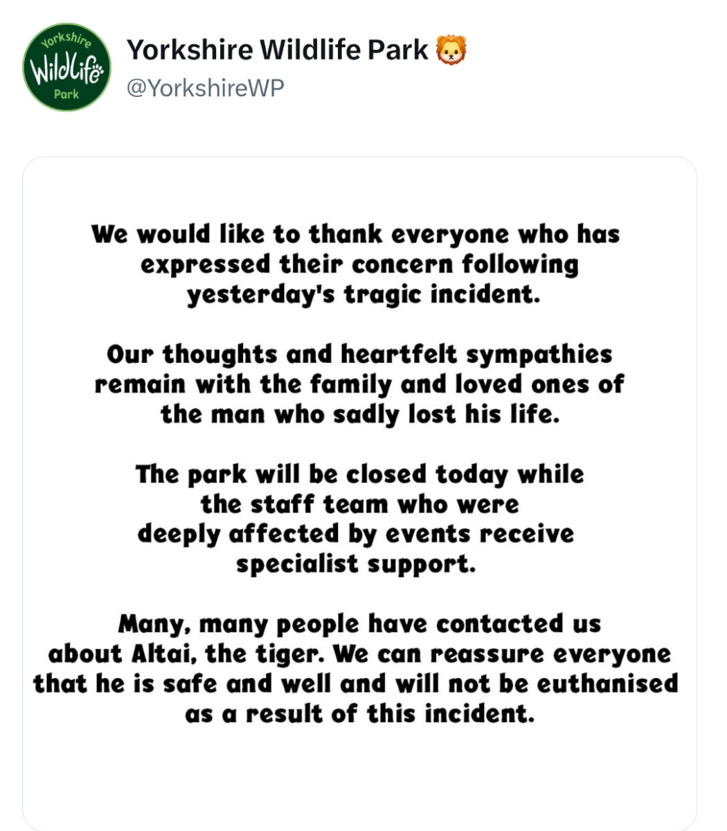 pubity's tweet photo. Yorkshire Wildlife Park confirms Altai the tiger won't be euthanized, after a fatal incident where a man jumped into his enclosure. https://t.co/Bp65WiG4RX