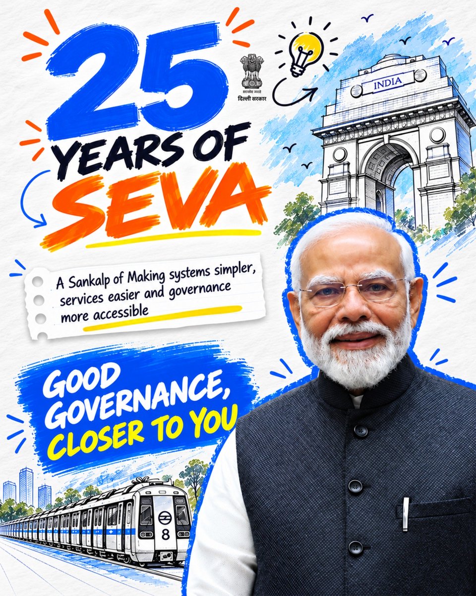 CMODelhi's tweet photo. From digital-first services to doorstep delivery, Delhi is turning Hon’ble PM Shri @narendramodi’s vision of Minimum Government, Maximum Governance into everyday reality.

Under CM Smt. Rekha Gupta’s leadership, governance is getting simpler, smarter and more citizen-centric.

The mantra: Seva. Sushasan. Speed.

(Thread🧵) 

#25YearsOfSeva #ViksitDelhi 
#SevaSankalpAbhiyan
#सेवा_की_कहानी