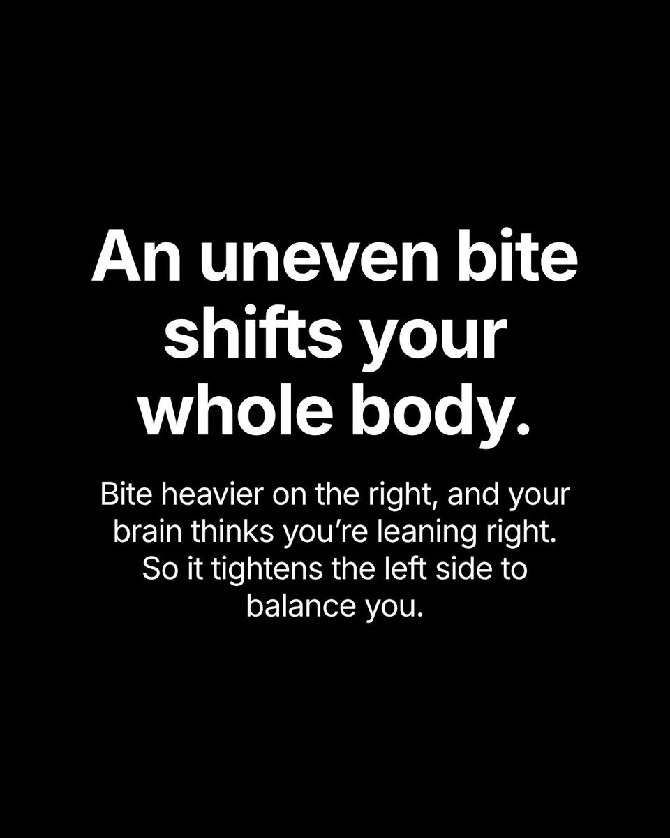 drtruthdds's tweet photo. Your bite does more than help you chew. Each time your teeth meet, your brain gets information about your balance and position. An uneven bite can mean the body is working harder to compensate. Do you feel tension more on one side of your body? #airwayhealth #bite #posture https://t.co/1rv8tkH3hT