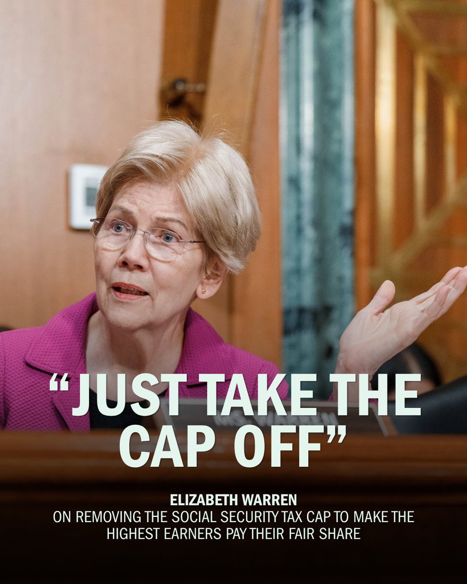 SenWarren's tweet photo. If Congress doesn’t act, Social Security benefits are on track be cut in 2032.
 
Not on my watch.
 
We must protect Social Security by lifting the cap so that those with the highest incomes pay the same share as everyone else. https://t.co/fEvUVKnTtT