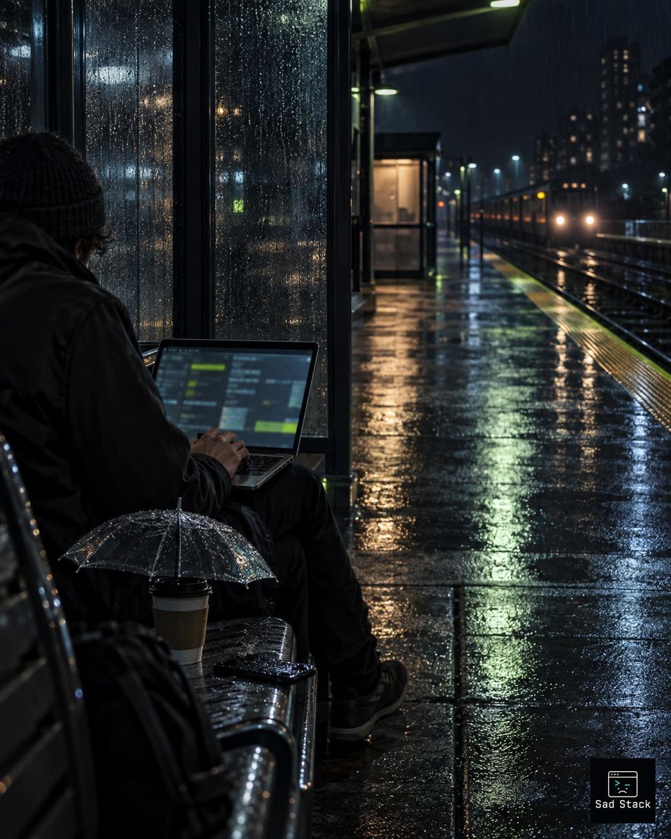 SadStackDev's tweet photo. The emergency followed me to the last platform of the night. The coffee has an umbrella, the developer does not, and the laptop is still negotiating with production. #DevHumor #OnCall https://t.co/cJ1XWVy9BB