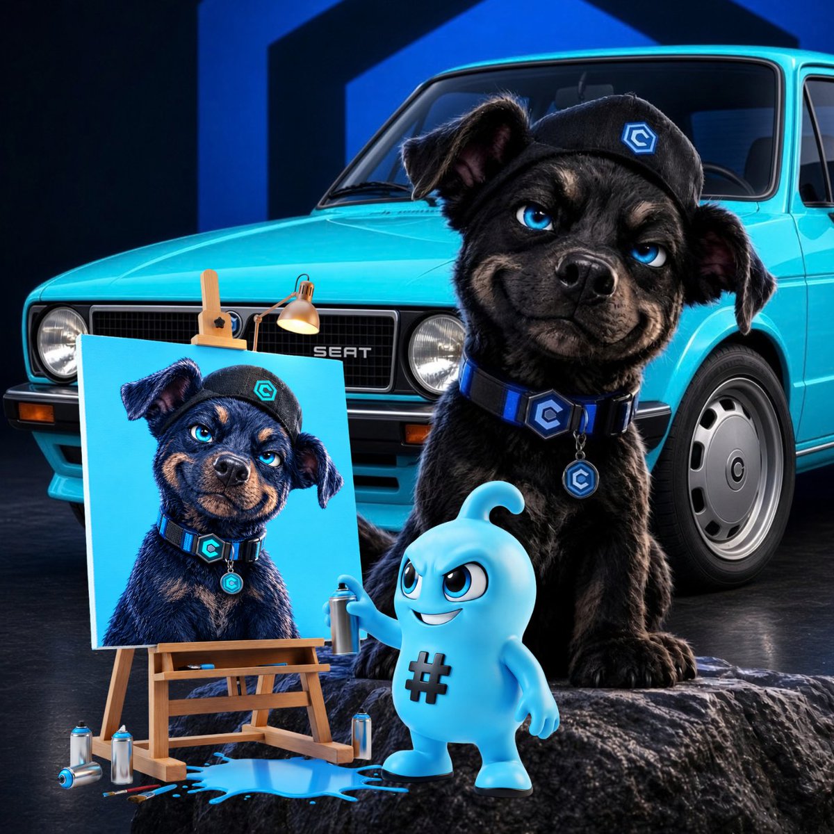 4CDBFF's tweet photo. @CronosDogCro had a fantastic week, so BLU popped in for a visit 💙

BLU even painted a portrait of the dog, because changing his colour would just be cruel! 😂

So BLU painted his car CYAN instead

Welcome to the #4CDBFF gang 💙

One colour. One community  #CROFam https://t.co/ferWGV0HHO