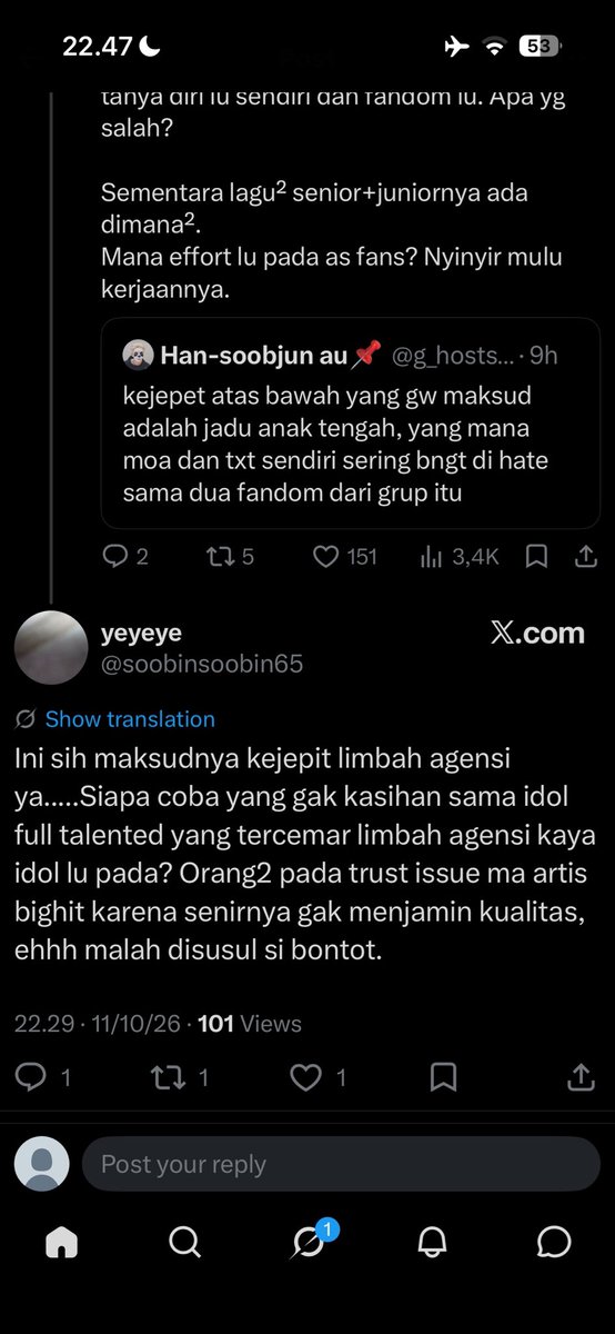phampham919's tweet photo. @odireobin ngebanggain sambil jatuhin idol lain ya maksudnya? fandom grup kejepit ini sok suci emng, dipuji dikit aja langsung nyepongin kpopshit sampe ngatain idol lain limbah agensi. https://t.co/0p3w5c6YBy