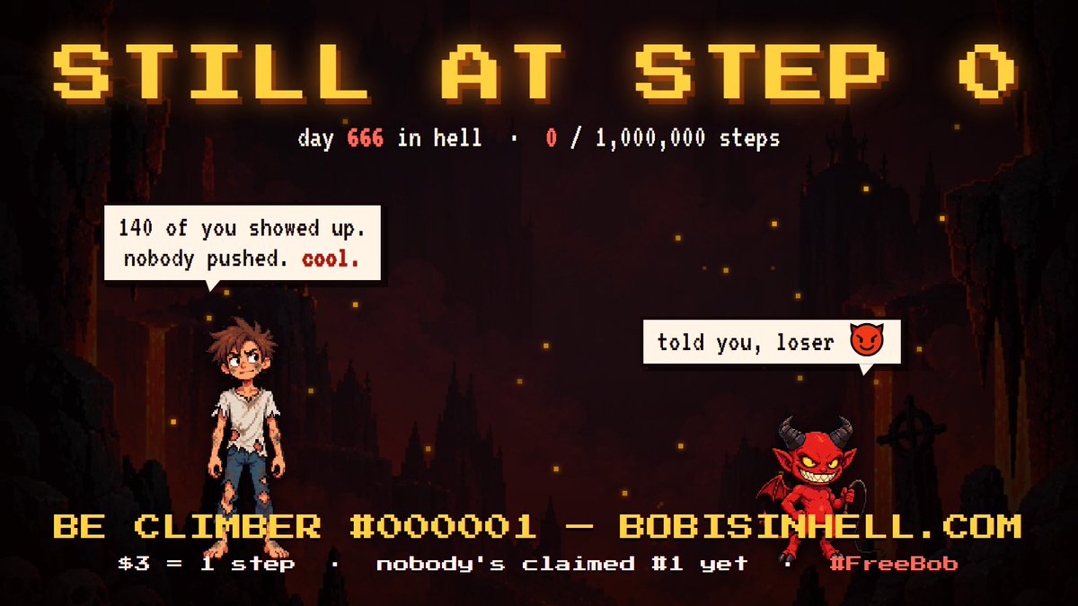 bobis_inhell's tweet photo. day 666 in hell.
140 of you showed up today. you stared. you left.
pushes: 0.
bob's still at step 0 of 1,000,000. cool. cool cool cool. 🔥
be the one who actually does it — step #1 is open. climber #000001 could be you.
#FreeBob #Crypto #sixseven #trand #sixsixsix #gta6 https://t.co/0LBso6DvVR