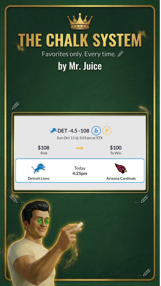 TheChalkVIP's tweet photo. 🏈 NFL

-✏️ Play: Lions -4.5 

- Odds: -110
- Units: x1

💚👍 https://t.co/tbMru2tmvY